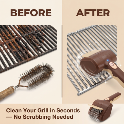 Before and after grill cleaning - dirty grill grates vs clean grill grates with electric brush