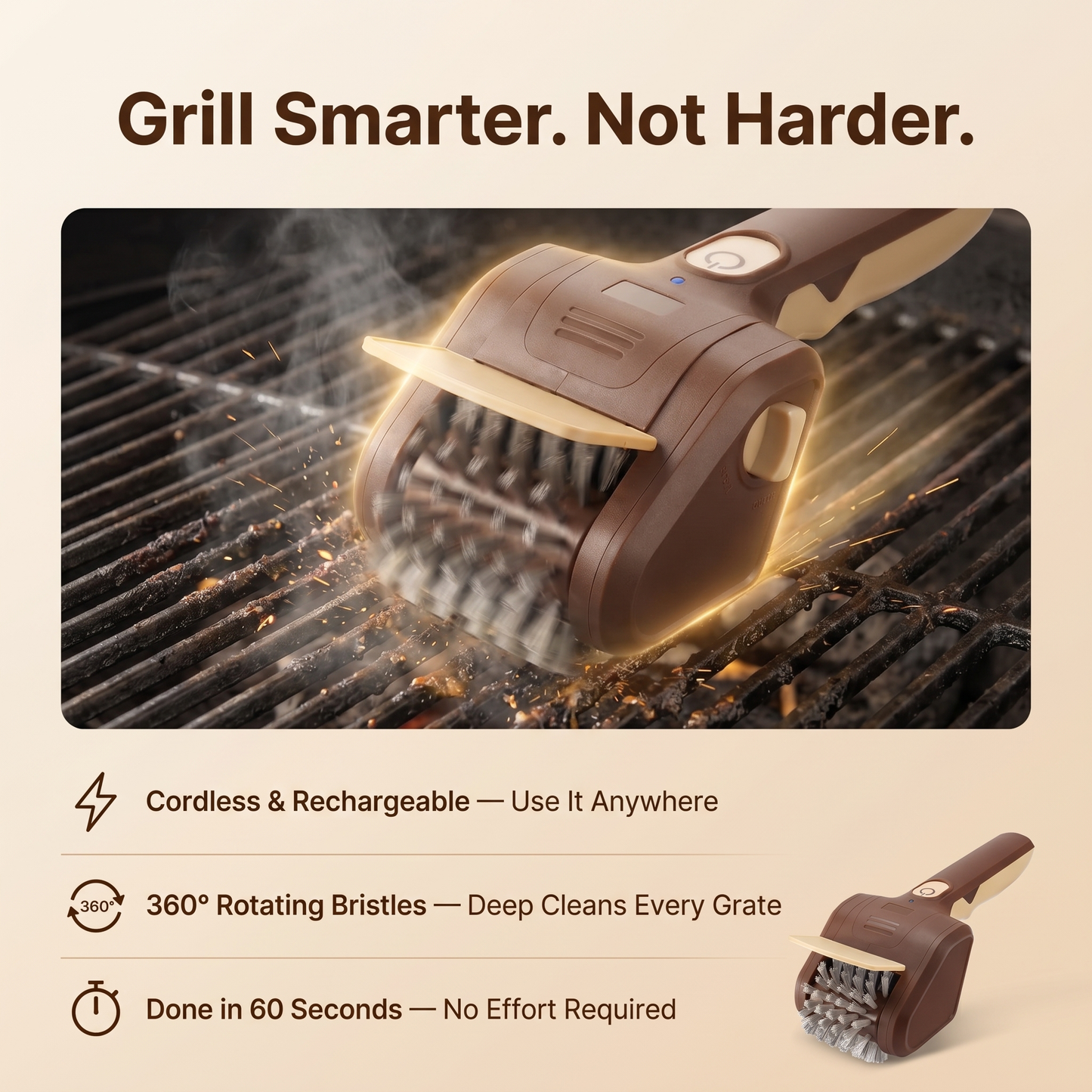 Grill Smarter Not Harder - cordless electric grill brush cleaning BBQ grates at 700 RPM